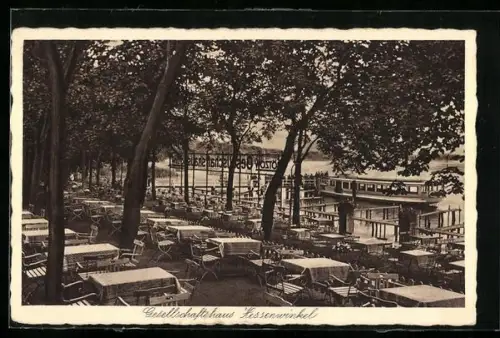 AK Berlin-Hessenwinkel, Gasthof Gesellschaftshaus Hessenwinkel, Terrasse am Dämeritzsee, Lindenstrasse 44