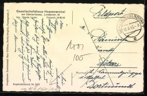 AK Berlin-Hessenwinkel, Gasthof Gesellschaftshaus Hessenwinkel, Terrasse am Dämeritzsee, Lindenstrasse 44