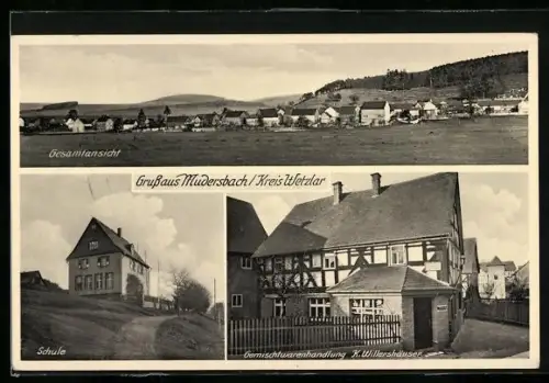AK Mudersbach /Wetzlar, Gesamtansicht, Schule, Gemischtwarenhandlung K. Willershäuser