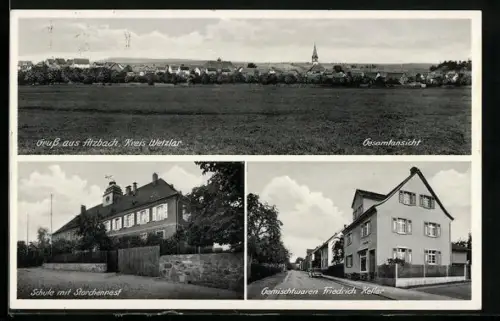 AK Atzbach /Wetzlar, Gesamtansicht, Schule mit Storchennest, Gemischtwaren Friedrich Heller