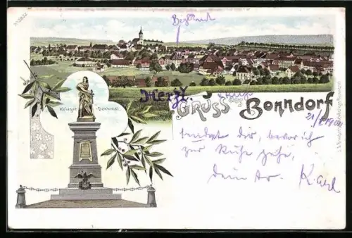 Lithographie Bonndorf / Schwarzwald, Krieger-Denkmal, Ortsansicht
