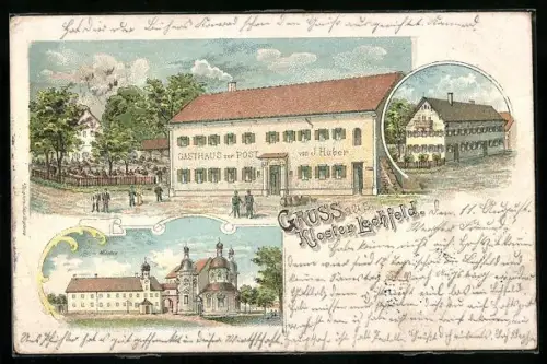 Lithographie Lechfeld, Gasthaus zur Post, Inh. J. Huber, Kloster
