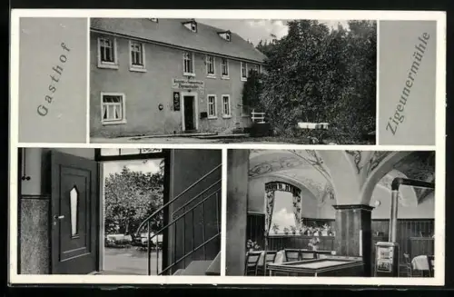 AK Weissenstadt i. F., Gasthaus Zigeunermühle, Inh. E. Bauer, Aussenansicht, Innenraum, Eingang
