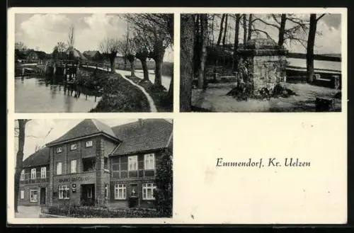 AK Emmendorf /Uelzen, Harms Gasthaus, Brücke, Denkmal