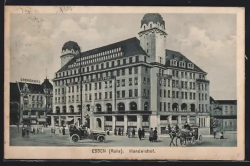 AK Essen /Ruhr, Handelshof, mit Auto u. Kutsche