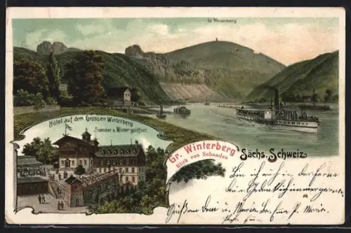 AK Gr. Winterberg /Sächs. Schweiz, Hotel auf dem Grossen Winterberg, Elbe, Blick von Schandau
