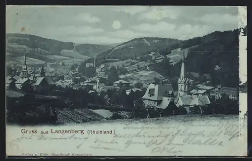 Mondschein-AK Langenberg /Rheinland, Ortsansicht mit Kirche und umliegenden Hügeln