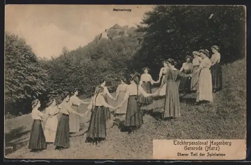 AK Gernrode /Harz, Töchterpensionat Hagenberg, Stubenberg, Spielwiese mit Reigen