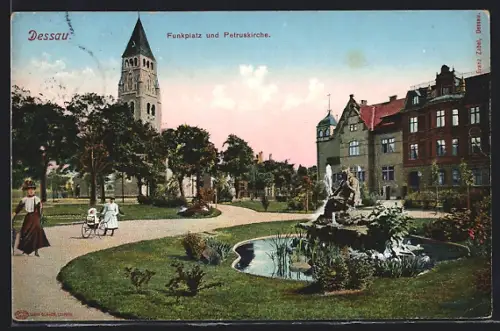 AK Dessau, Funkplatz, Petruskirche, Brunnenanlage