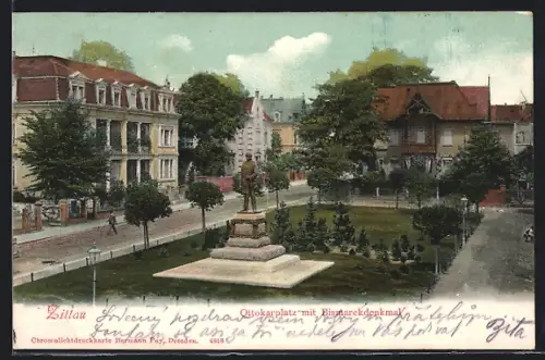 AK Zittau, Ottokarplatz mit Bismarckdenkmal u. Strasse aus der Vogelschau