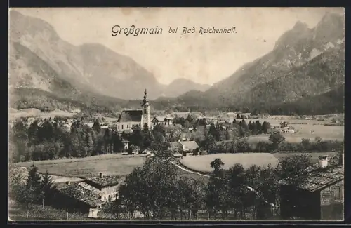AK Grossgmain, Ortsansicht mit Kirche und Alpenpanorama