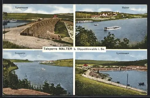 AK Malter b. Dippoldiswalde, Talsperre-Sperrmauer, Seepartie, Ortsansicht