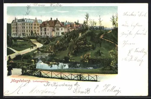 AK Magdeburg, Luisengarten mit Gebäuden u. Teich