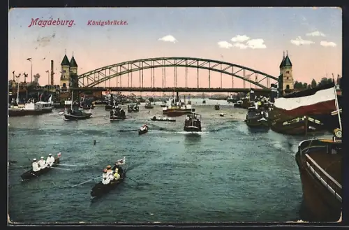 AK Magdeburg, Königsbrücke, Schiffsverkehr auf der Elbe
