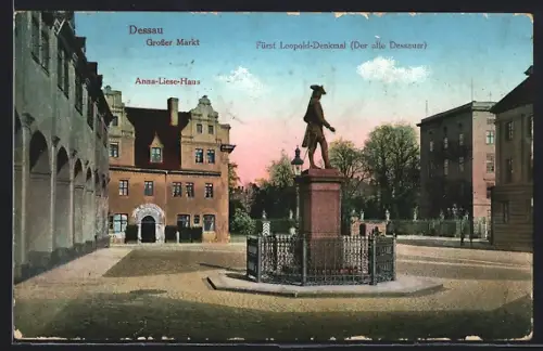 AK Dessau, Grosser Markt, Fürst Leopold-Denkmal, Anna-Liese-Haus