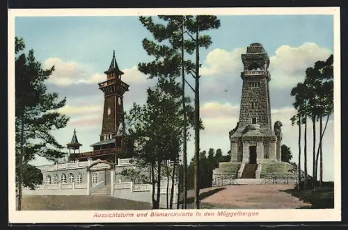 AK Berlin-Köpenick, Aussichtsturm u. Bismarckwarte in den Müggelbergen
