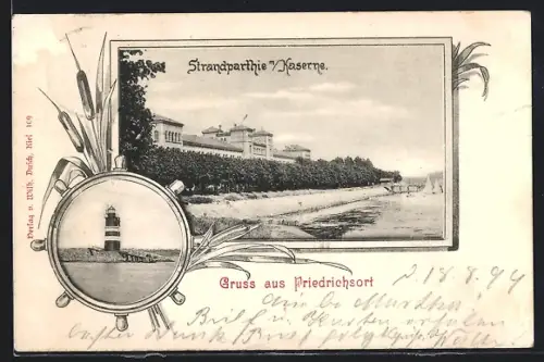 AK Friedrichsort, Strandpartie m. Kaserne, Leuchtturm