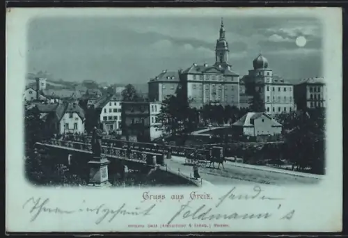 Mondschein-AK Greiz, Brücke bei Nacht
