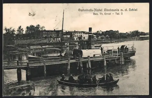 AK Lindaunis a. d. Schlei, Bahnhofs-Hotel, Bes. Th. Ernst, Dampferanleger