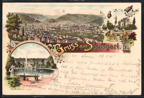 Lithographie Stuttgart, Stadtpanorama, K. Residenzschloss