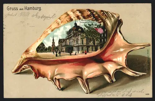 Passepartout-Lithographie Hamburg-St.Georg, Deutsche Schauspielhaus im Muschel-Passepartout
