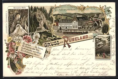 Lithographie Rübeland i. Harz, Hotel zur grünen Tanne, Hermannshöhle, Baumannshöhle