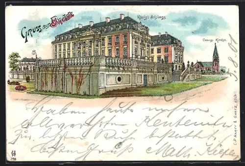 Lithographie Brühl / Rheinland, Königl. Schloss, evang. Kirche