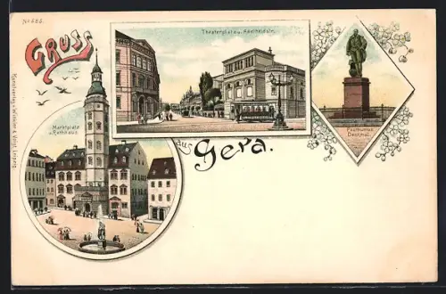 Lithographie Gera, Marktplatz m. Rathaus, Theaterplatz u. Adelheidstrasse, Posthumus-Denkmal