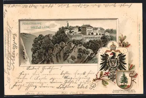 Passepartout-Lithographie Thale i. Harz, Hotel Rosstrappe auf dem Berg, Wappen