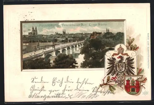 Passepartout-Lithographie Magdeburg, Panorama mit Dom, Lange Brücke, Wappen
