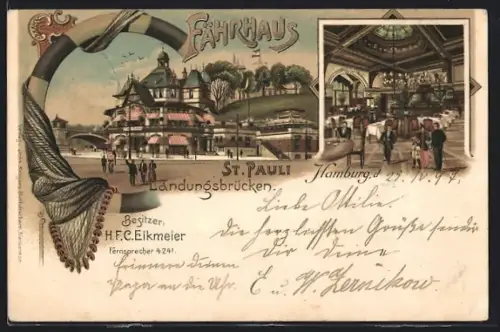 Lithographie Hamburg-St.Pauli, Fahrhaus Landungsbrücken, Besitzer H. F. C. Eikmeier