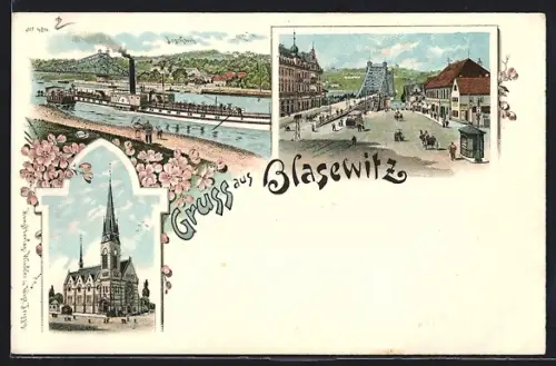 Lithographie Dresden-Blasewitz, Dampfschiff, Brücke, Kirche