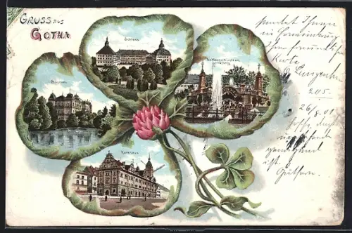 Passepartout-Lithographie Gotha, Schloss, Museum, Rathaus im Kleeblatt-Passepartout