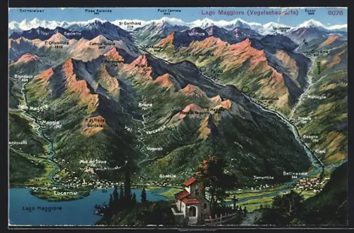 AK Locarno, Lago Maggiore aus der Vogelschau mit Gebirgspanorama