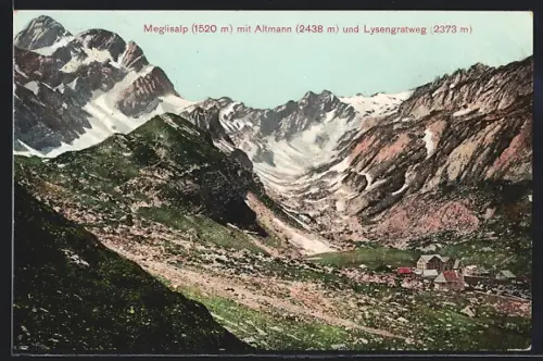 AK Meglisalp, Ortsansicht mit Altmann und Lysengratweg