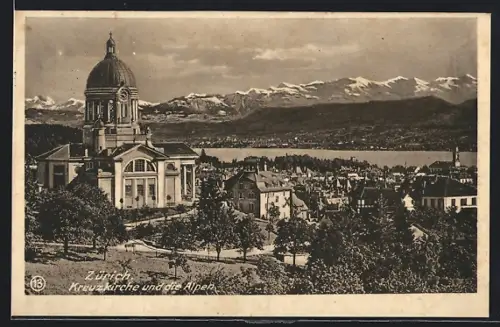 AK Zürich, Kreuzkirche und die Alpen