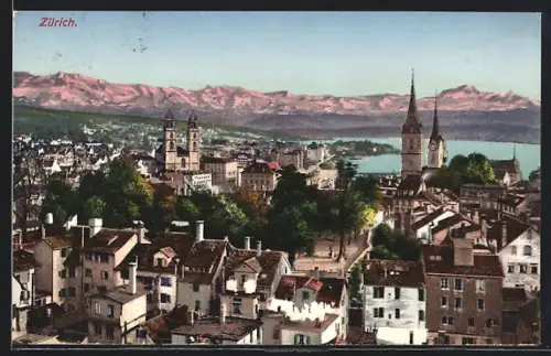 AK Zürich, Blick über die Dächer der Stadt nach den Alpen