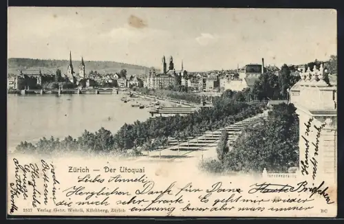 AK Zürich, Partie am Utoquai mit Kirchen
