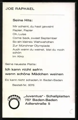 AK Musiker Joe Raphael im Portrait, Autograph