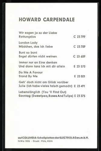 AK Portrait des jungen Howard Carpendale, Autograph