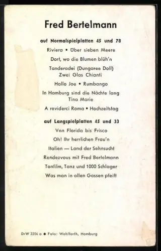 AK Musiker Fred Bertelmann im Hemd, Autograph