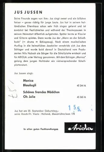 AK Musiker Jus Jussen im Portrait, Ariola, Autograph