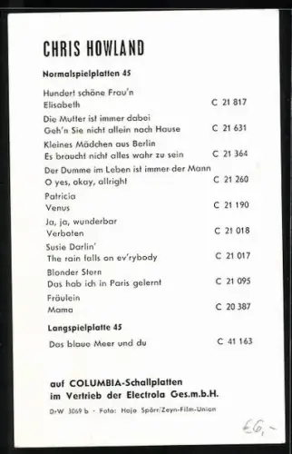 AK Musiker Chris Howland mit seitwärts gerichtetem Blick, Autograph