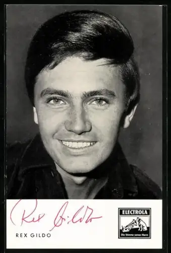 AK Musiker Rex Gildo in die Kamera schauend, Autograph