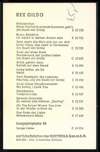 AK Musiker Rex Gildo in die Kamera schauend, Autograph