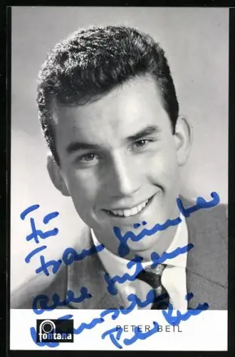 AK Musiker Peter Beil lächelnd, Widmung und Autograph