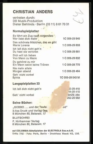 AK Musiker Christian Anders mit Zigarillo porträtiert, Autograph