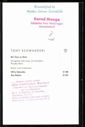 AK Portzrait Sänger Toni Schwaegerl, Portrait, Autograph