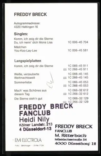 AK Musiker Freddy Breck mit lächelndem Gesicht, Autograph