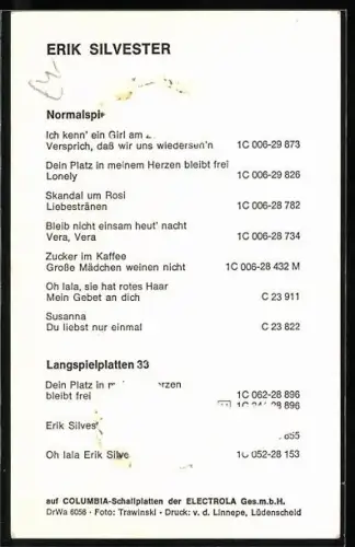 AK Sänger Erik Silvester im Porträt, Autograph